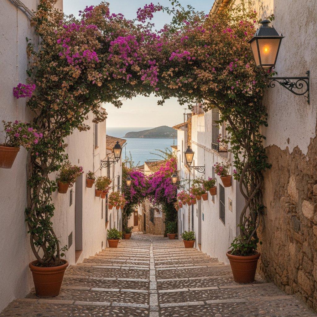 Old town staircase in Altea with bougainvillea
