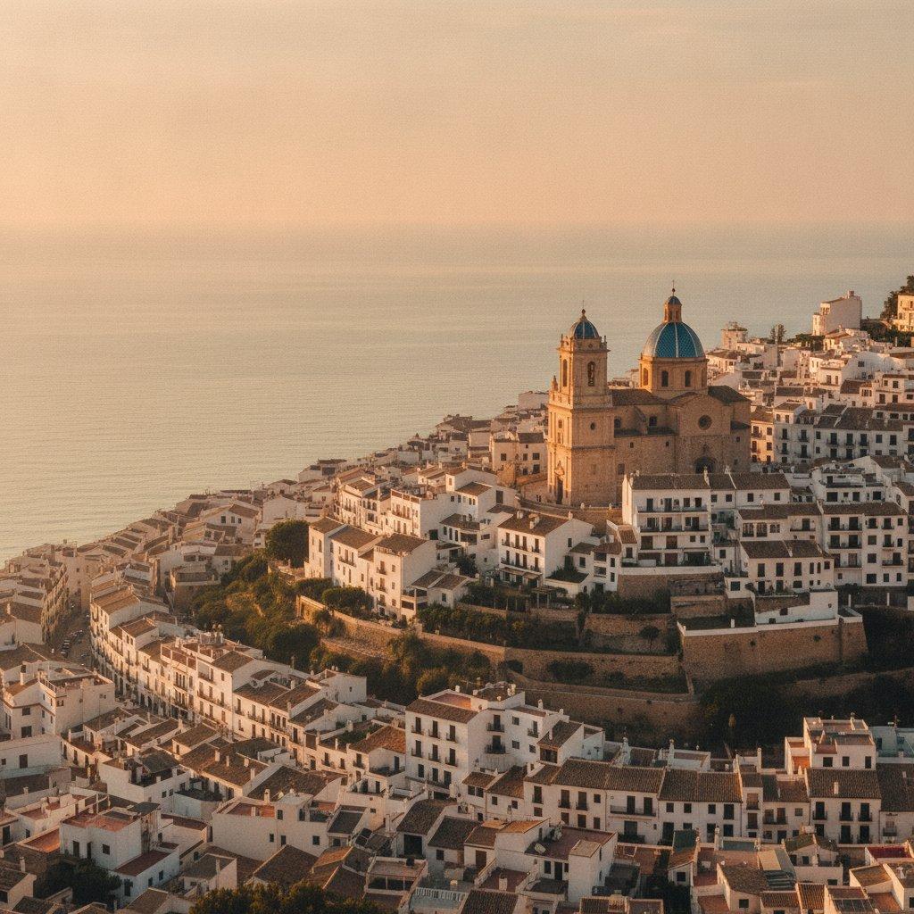 Panorama of Altea old town with the blue dome and the Mediterranean