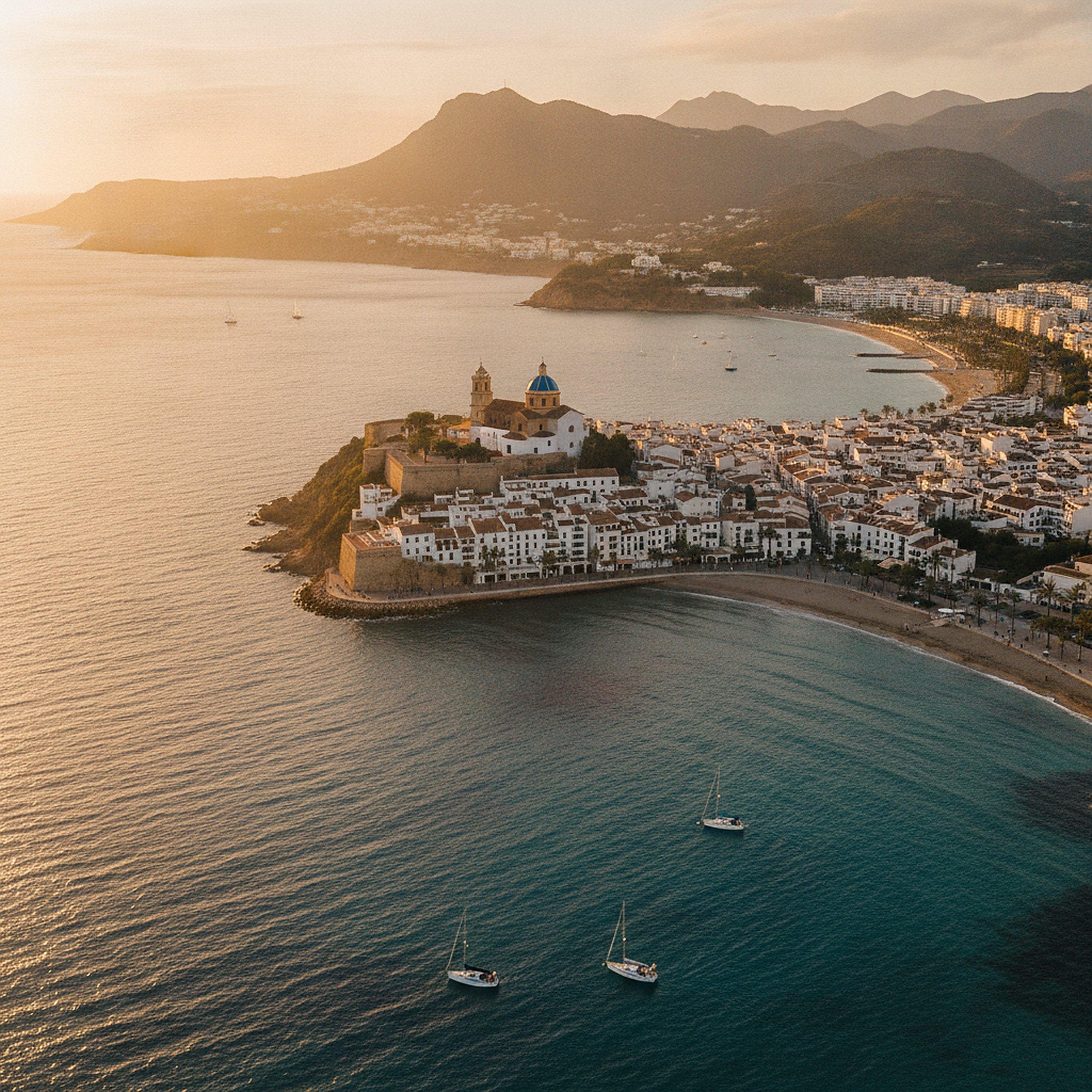 Bahía de Altea con la playa, el casco antiguo y la Sierra de Bernia al fondo