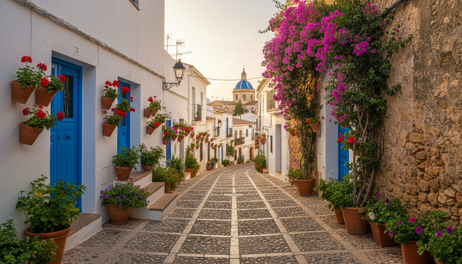Cobbled street in Altea old town with bougainvillea
