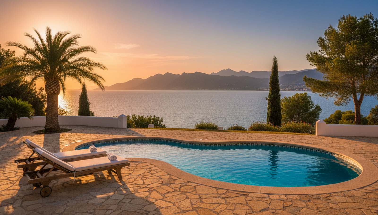 Pool of a holiday villa in Altea at sunset